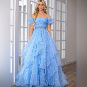 Ava Presley 39318 Off Shoulder blue white prom Polka Dot Ball Gown dress size 2